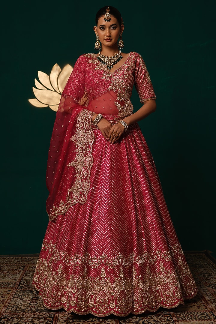 Pink Silk Zardosi Hand Embroidered Bridal Lehenga Set by Niloufer by Aasif Ally at Pernia's Pop Up Shop