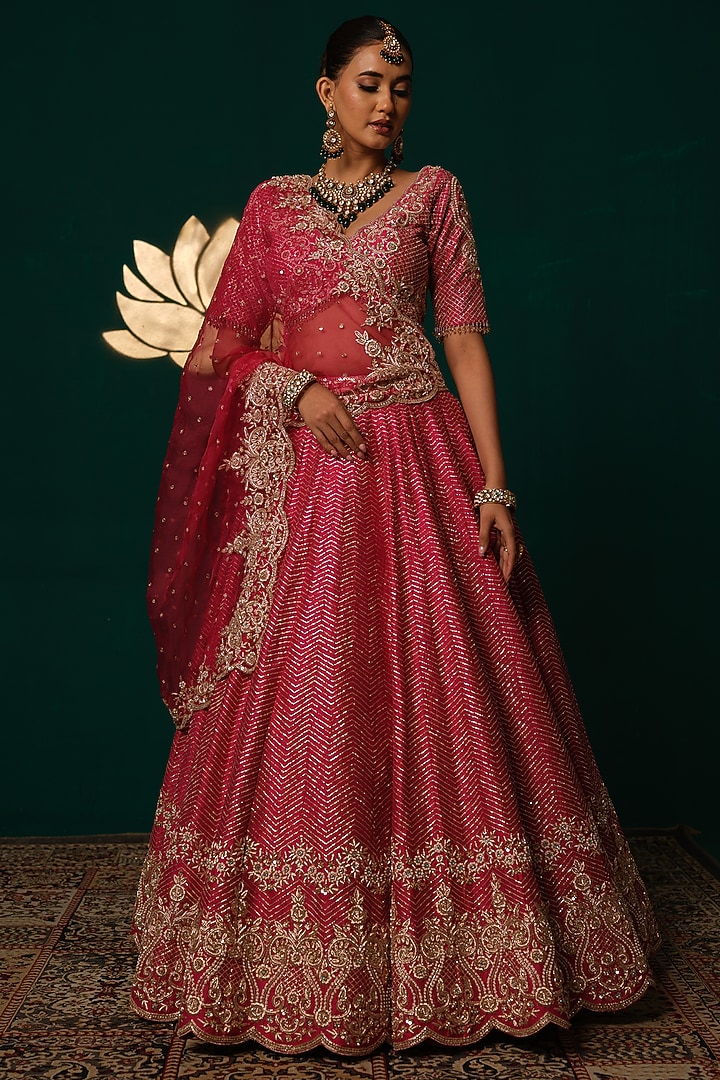 Pink Silk Zardosi Hand Embroidered Bridal Lehenga Set by Niloufer by Aasif Ally at Pernia's Pop Up Shop