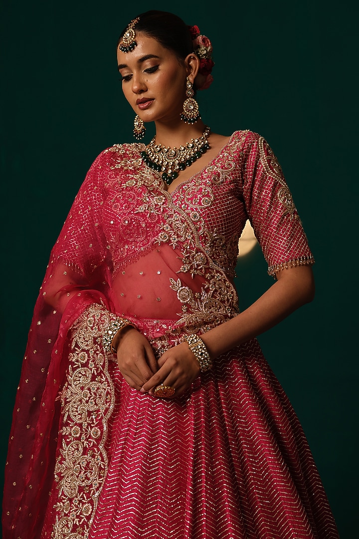 Pink Silk Zardosi Hand Embroidered Bridal Lehenga Set by Niloufer by Aasif Ally at Pernia's Pop Up Shop