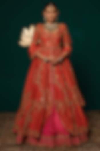 Orange & Pink Shimmer Tissue Zardosi Hand Embroidered Bridal Lehenga Set by Niloufer by Aasif Ally at Pernia's Pop Up Shop