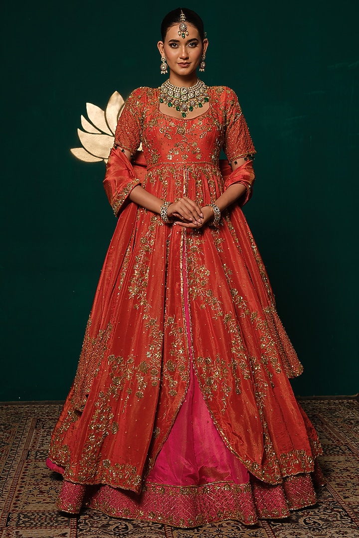 Orange & Pink Shimmer Tissue Zardosi Hand Embroidered Bridal Lehenga Set by Niloufer by Aasif Ally at Pernia's Pop Up Shop