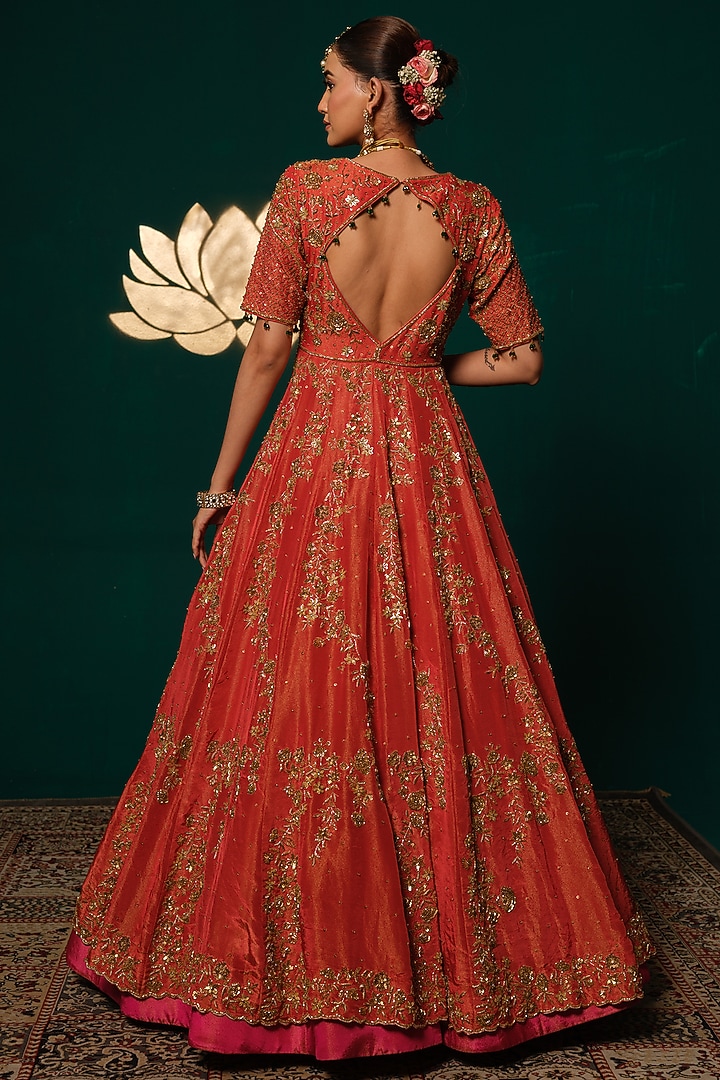 Orange & Pink Shimmer Tissue Zardosi Hand Embroidered Bridal Lehenga Set by Niloufer by Aasif Ally at Pernia's Pop Up Shop