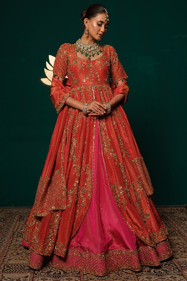 Orange & Pink Shimmer Tissue Zardosi Hand Embroidered Bridal Lehenga Set by Niloufer by Aasif Ally at Pernia's Pop Up Shop