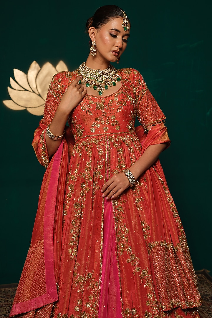 Orange & Pink Shimmer Tissue Zardosi Hand Embroidered Bridal Lehenga Set by Niloufer by Aasif Ally at Pernia's Pop Up Shop