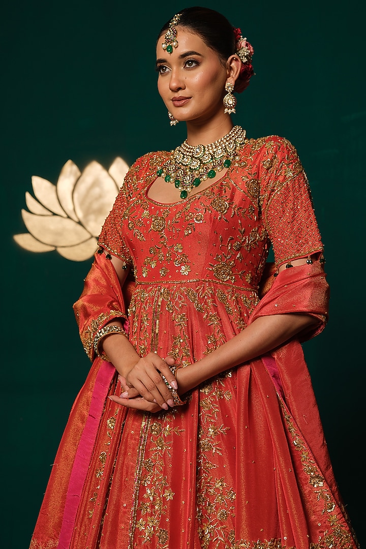 Orange & Pink Shimmer Tissue Zardosi Hand Embroidered Bridal Lehenga Set by Niloufer by Aasif Ally at Pernia's Pop Up Shop