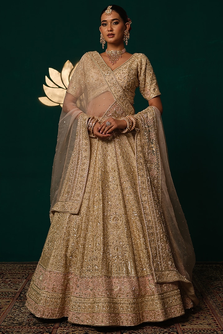 Gold Silk Sequin & Zardosi Hand Embroidered Bridal Lehenga Set by Niloufer by Aasif Ally at Pernia's Pop Up Shop