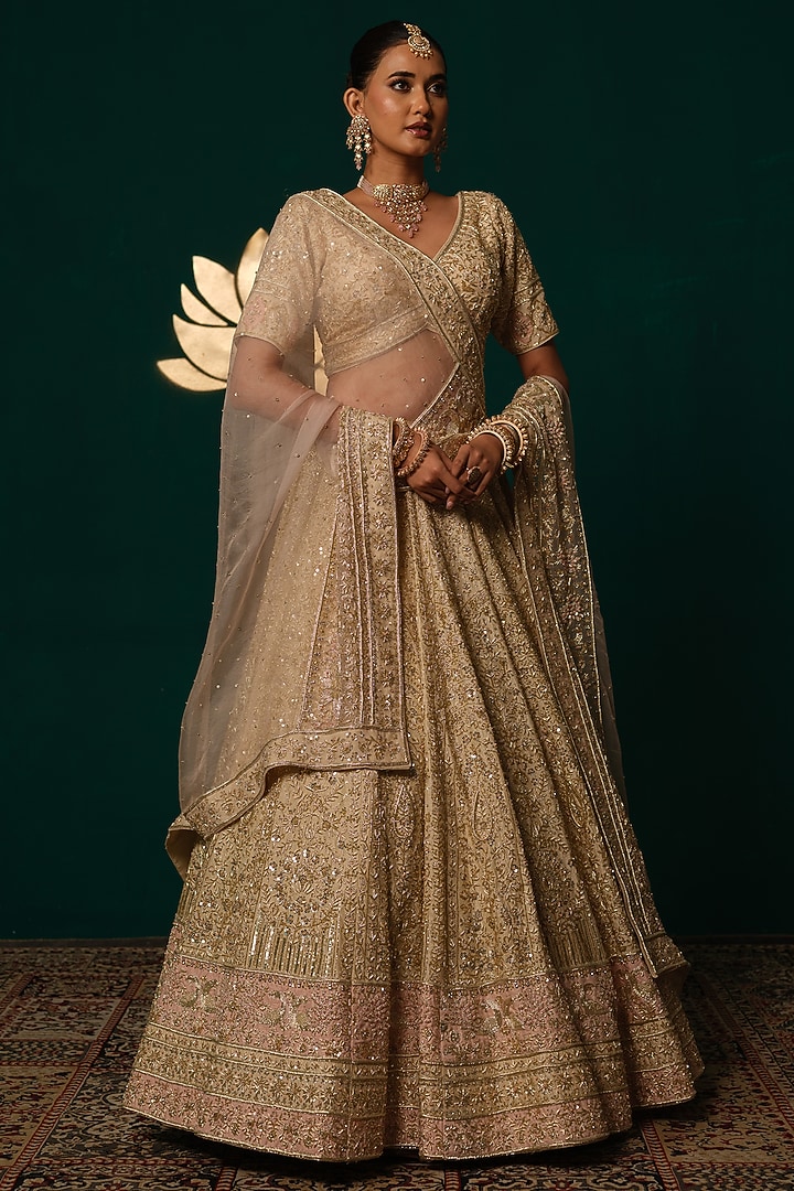Gold Silk Sequin & Zardosi Hand Embroidered Bridal Lehenga Set by Niloufer by Aasif Ally at Pernia's Pop Up Shop