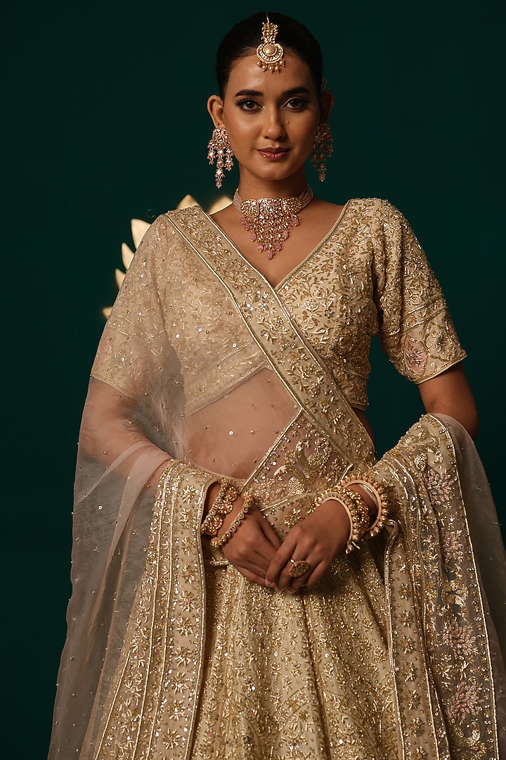 Gold Silk Sequin & Zardosi Hand Embroidered Bridal Lehenga Set by Niloufer by Aasif Ally at Pernia's Pop Up Shop