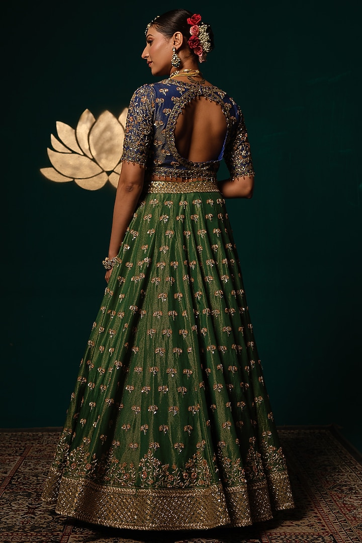 Green Shimmer Tissue Sequin Hand Embroidered Bridal Lehenga Set by Niloufer by Aasif Ally at Pernia's Pop Up Shop