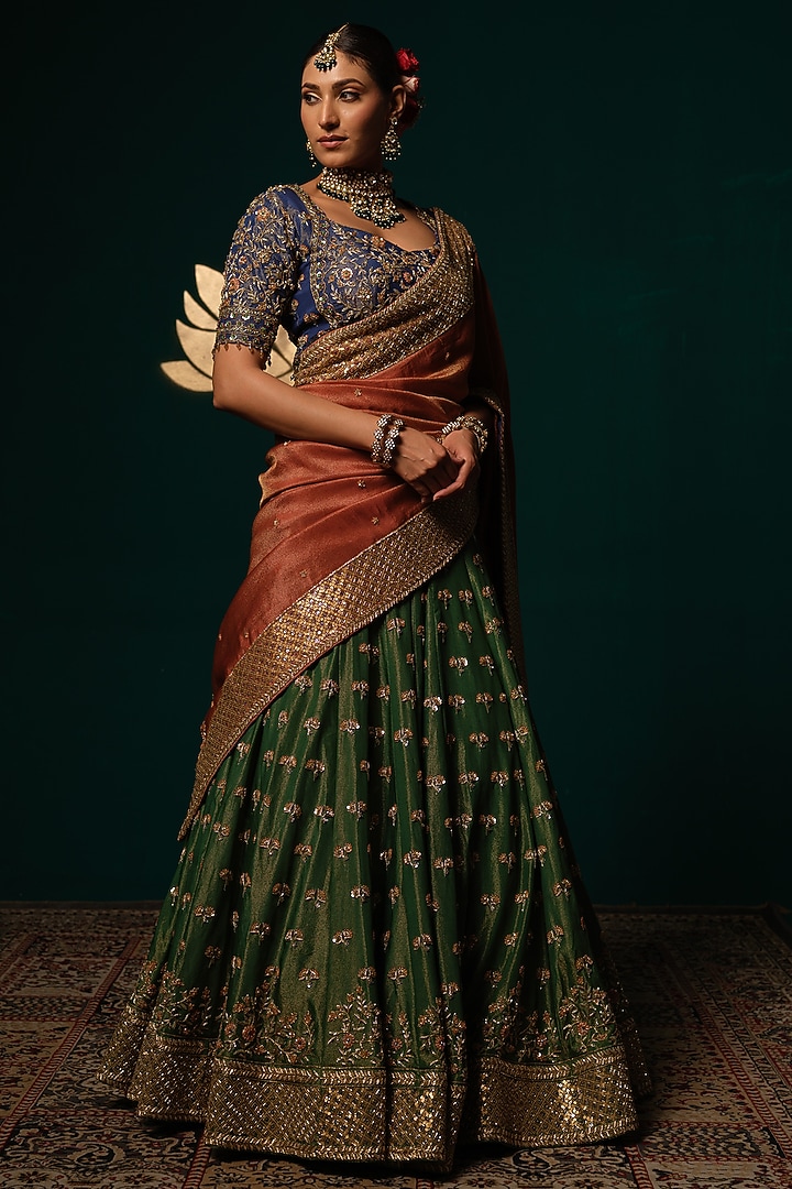 Green Shimmer Tissue Sequin Hand Embroidered Bridal Lehenga Set by Niloufer by Aasif Ally at Pernia's Pop Up Shop
