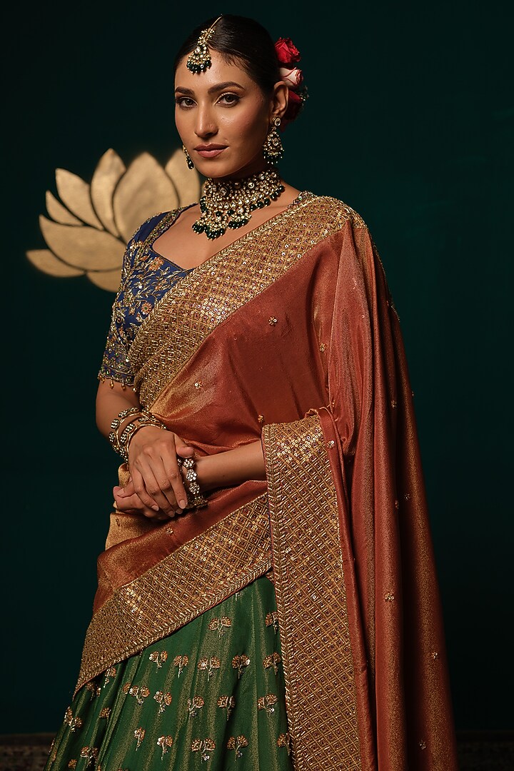Green Shimmer Tissue Sequin Hand Embroidered Bridal Lehenga Set by Niloufer by Aasif Ally at Pernia's Pop Up Shop