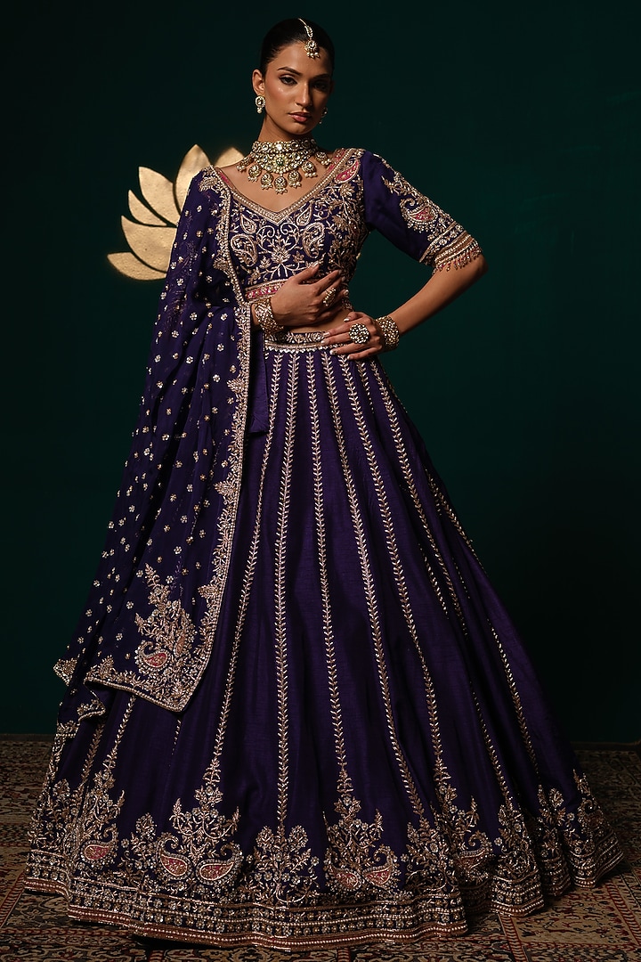 Dark Purple Silk Thread & Mirror Embroidered Bridal Lehenga Set by Niloufer by Aasif Ally at Pernia's Pop Up Shop