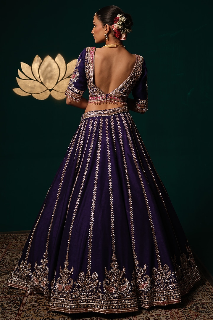 Dark Purple Silk Thread & Mirror Embroidered Bridal Lehenga Set by Niloufer by Aasif Ally at Pernia's Pop Up Shop