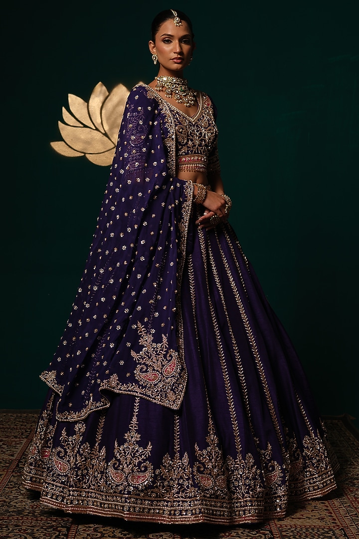 Dark Purple Silk Thread & Mirror Embroidered Bridal Lehenga Set by Niloufer by Aasif Ally at Pernia's Pop Up Shop