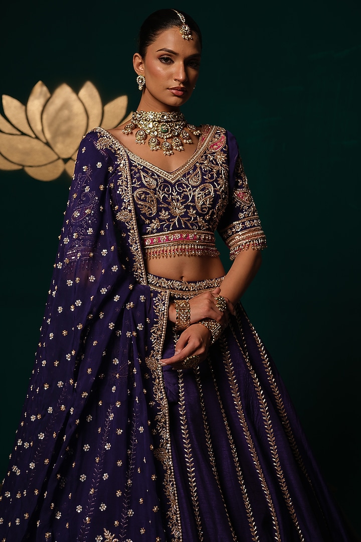 Dark Purple Silk Thread & Mirror Embroidered Bridal Lehenga Set by Niloufer by Aasif Ally at Pernia's Pop Up Shop