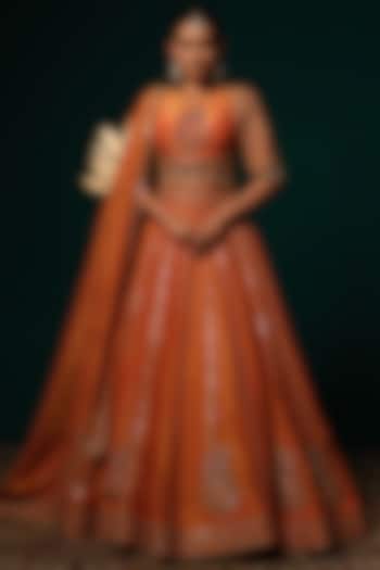 Orange Shimmer Tissue Zardosi & Mirror Hand Embroidered Wedding Lehenga Set by Niloufer by Aasif Ally at Pernia's Pop Up Shop
