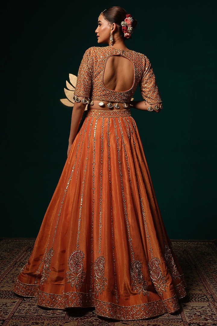 Orange Shimmer Tissue Zardosi & Mirror Hand Embroidered Bridal Lehenga Set by Niloufer by Aasif Ally at Pernia's Pop Up Shop