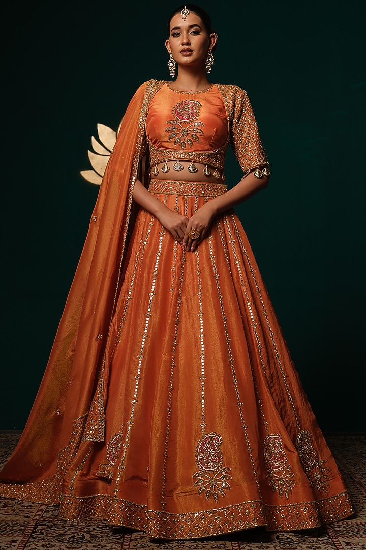 Orange Shimmer Tissue Zardosi & Mirror Hand Embroidered Bridal Lehenga Set by Niloufer by Aasif Ally at Pernia's Pop Up Shop