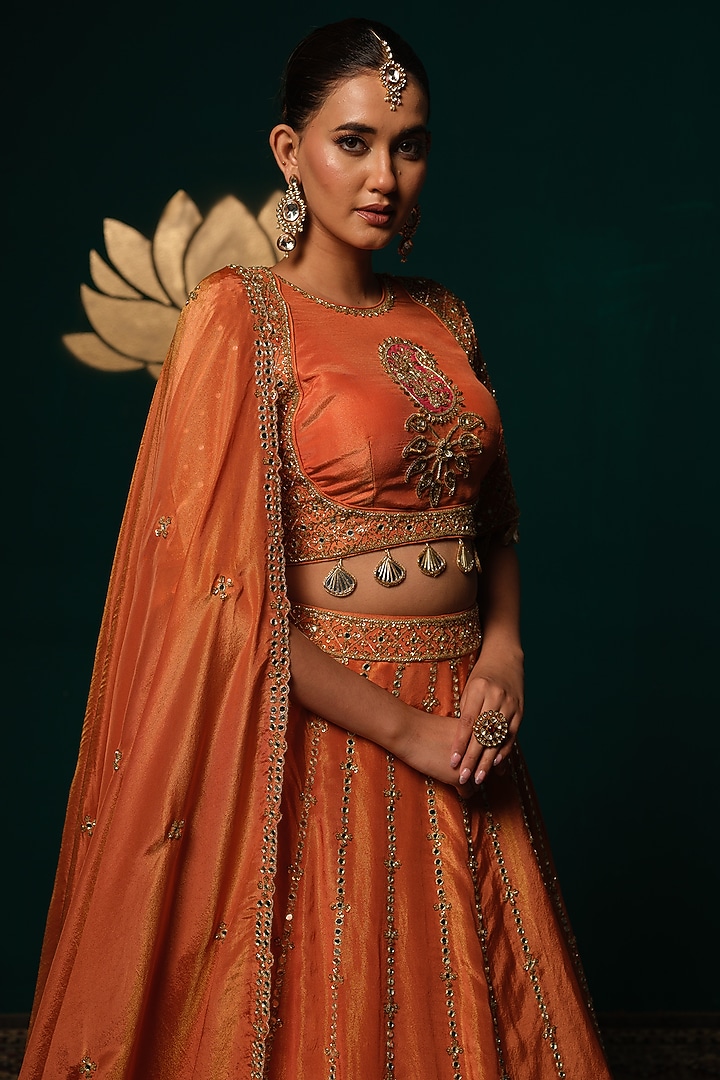 Orange Shimmer Tissue Zardosi & Mirror Hand Embroidered Bridal Lehenga Set by Niloufer by Aasif Ally at Pernia's Pop Up Shop