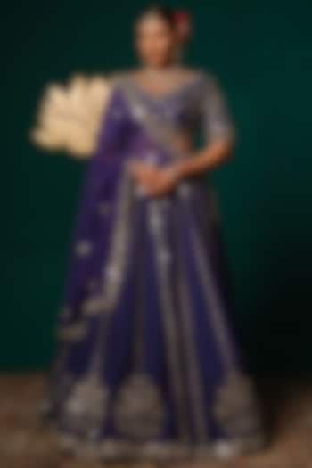 Royal Blue Silk Zardosi & Mirror Embroidered Wedding Lehenga Set by Niloufer by Aasif Ally at Pernia's Pop Up Shop