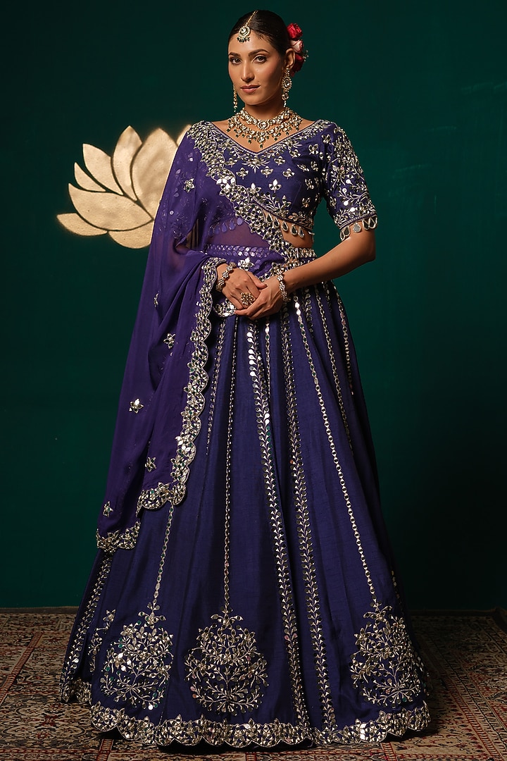 Royal Blue Silk Zardosi & Mirror Embroidered Wedding Lehenga Set by Niloufer by Aasif Ally at Pernia's Pop Up Shop