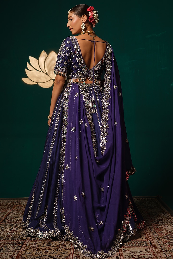 Royal Blue Silk Zardosi & Mirror Embroidered Wedding Lehenga Set by Niloufer by Aasif Ally at Pernia's Pop Up Shop