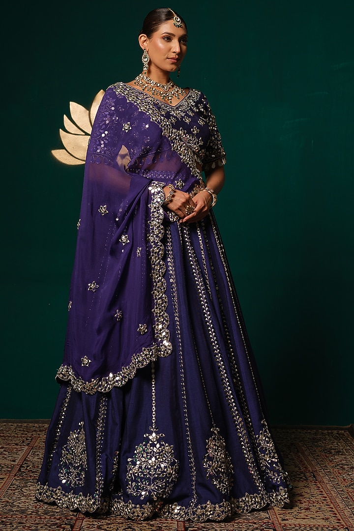 Royal Blue Silk Zardosi & Mirror Embroidered Wedding Lehenga Set by Niloufer by Aasif Ally at Pernia's Pop Up Shop