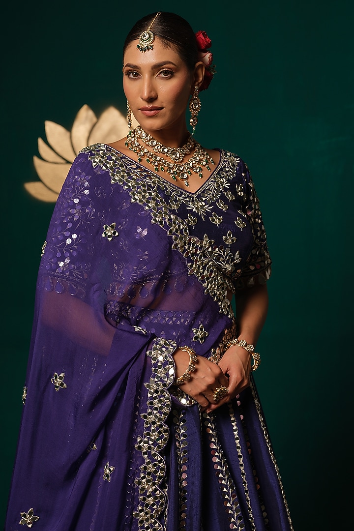 Royal Blue Silk Zardosi & Mirror Embroidered Wedding Lehenga Set by Niloufer by Aasif Ally at Pernia's Pop Up Shop