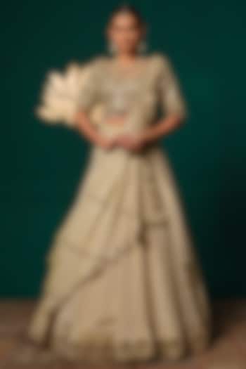 Ivory Shimmer Zardosi & Mirror Hand Embroidered Wedding Lehenga Set by Niloufer by Aasif Ally at Pernia's Pop Up Shop