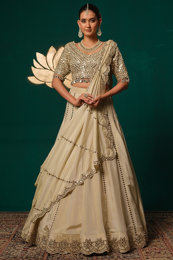 Ivory Shimmer Zardosi & Mirror Hand Embroidered Wedding Lehenga Set by Niloufer by Aasif Ally at Pernia's Pop Up Shop