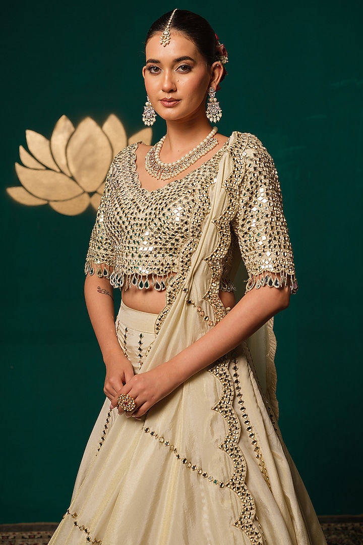 Ivory Shimmer Zardosi & Mirror Hand Embroidered Wedding Lehenga Set by Niloufer by Aasif Ally at Pernia's Pop Up Shop