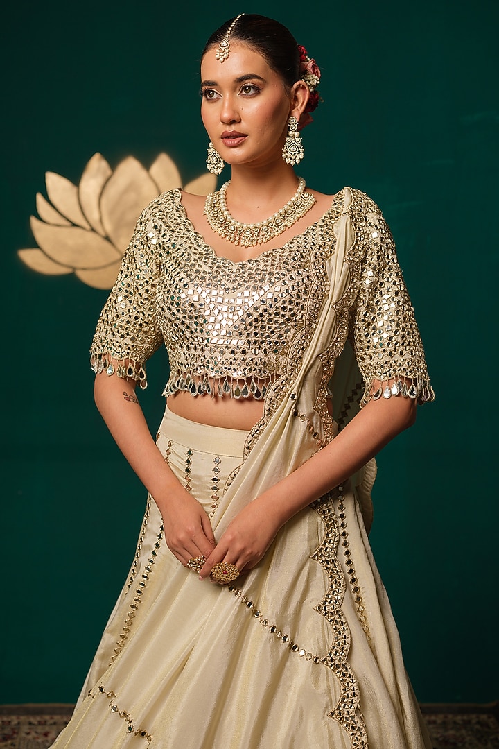 Ivory Shimmer Zardosi & Mirror Hand Embroidered Wedding Lehenga Set by Niloufer by Aasif Ally at Pernia's Pop Up Shop