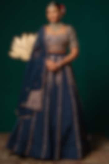 Deep Navy Chinon Zardosi & Cutwork Embroidered Wedding Lehenga Set by Niloufer by Aasif Ally at Pernia's Pop Up Shop