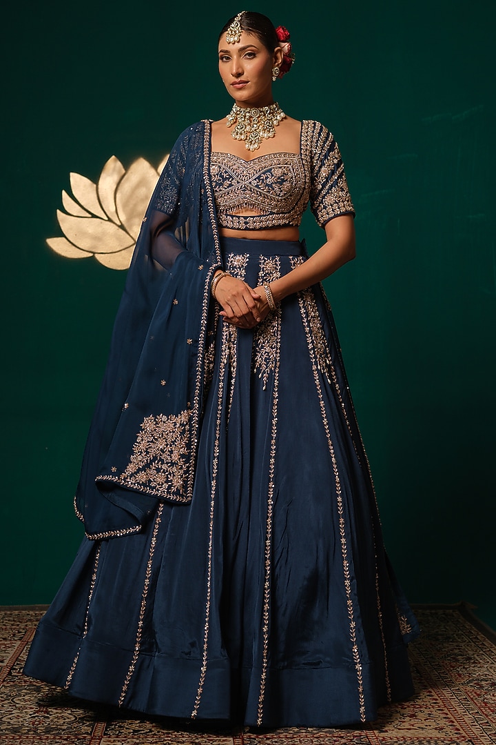 Deep Navy Chinon Zardosi & Cutwork Embroidered Wedding Lehenga Set by Niloufer by Aasif Ally at Pernia's Pop Up Shop