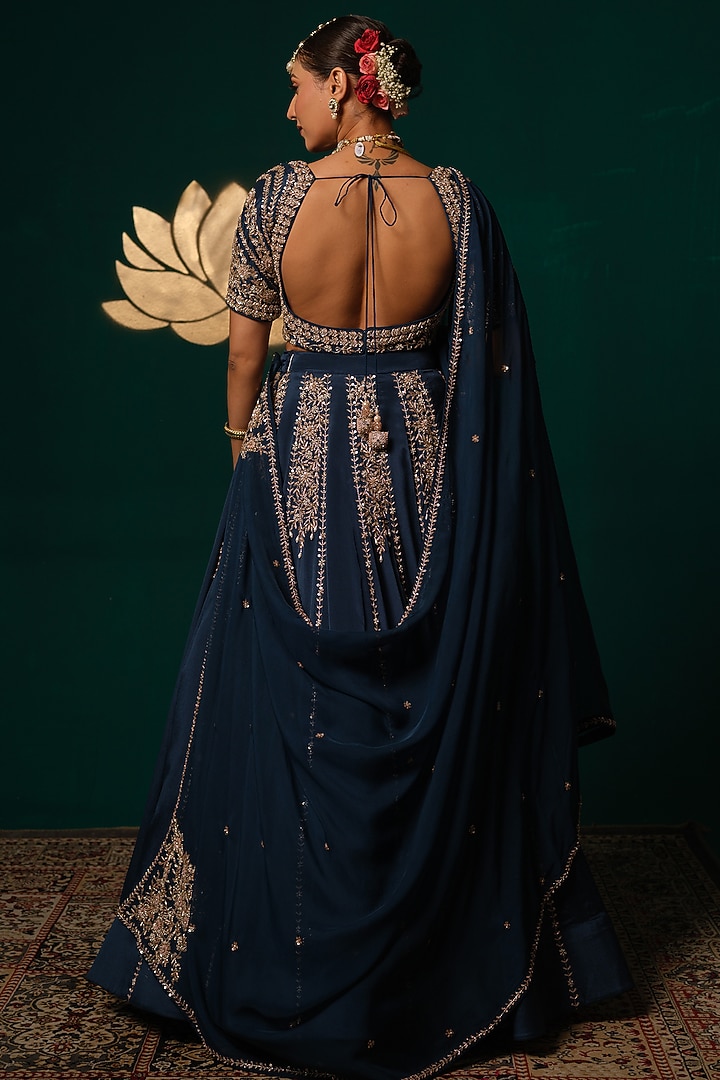 Deep Navy Chinon Zardosi & Cutwork Embroidered Wedding Lehenga Set by Niloufer by Aasif Ally at Pernia's Pop Up Shop