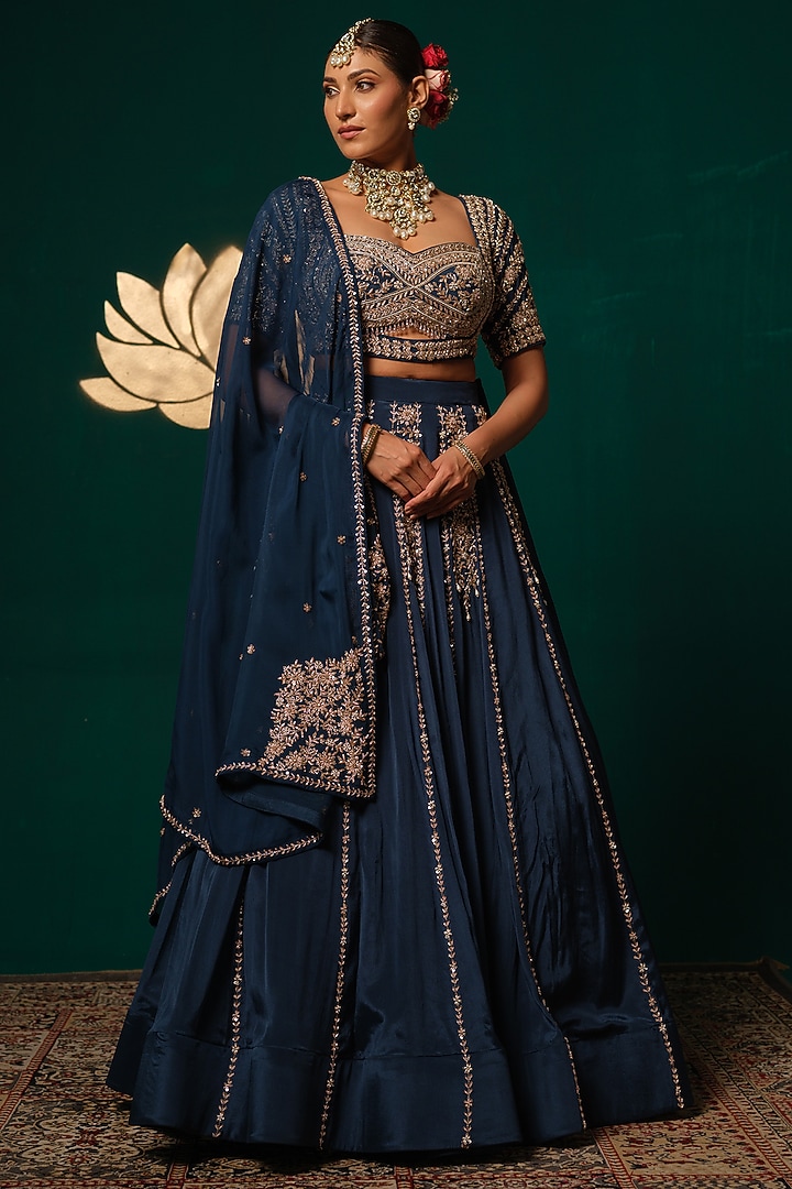 Deep Navy Chinon Zardosi & Cutwork Embroidered Wedding Lehenga Set by Niloufer by Aasif Ally at Pernia's Pop Up Shop