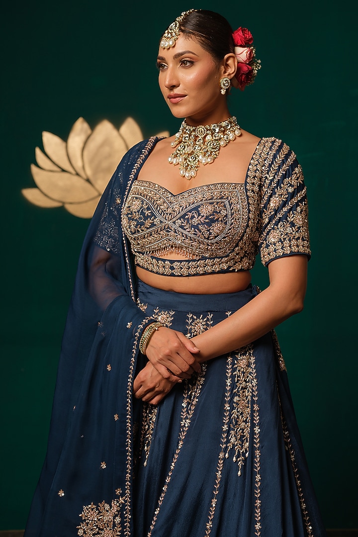 Deep Navy Chinon Zardosi & Cutwork Embroidered Wedding Lehenga Set by Niloufer by Aasif Ally at Pernia's Pop Up Shop