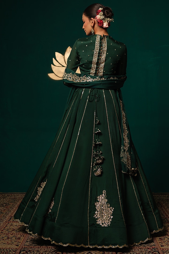 Green Chinon Zardosi & Sequin Embroidered Wedding Lehenga Set by Niloufer by Aasif Ally at Pernia's Pop Up Shop