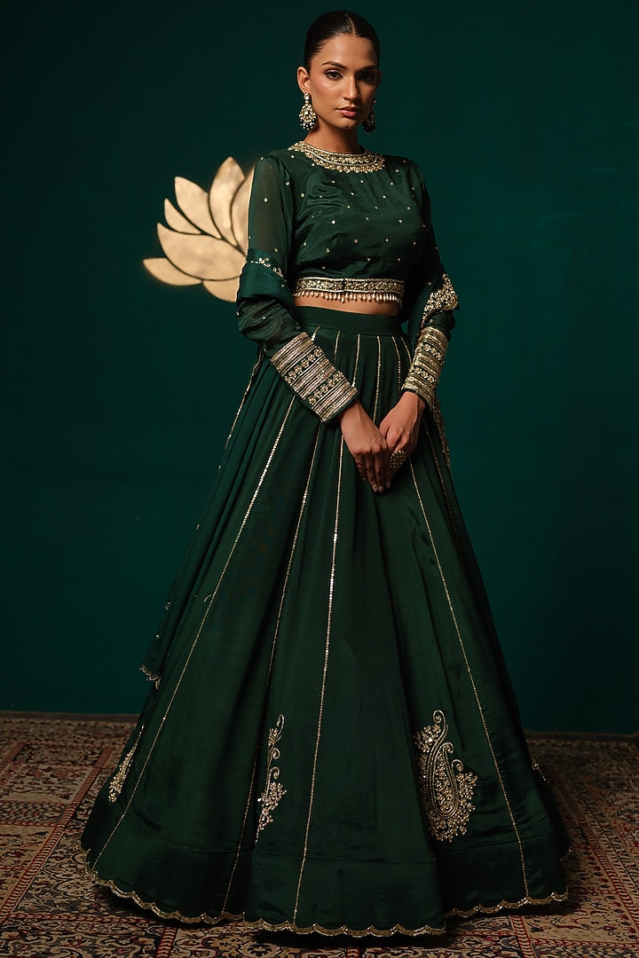Green Chinon Zardosi & Sequin Embroidered Wedding Lehenga Set by Niloufer by Aasif Ally at Pernia's Pop Up Shop