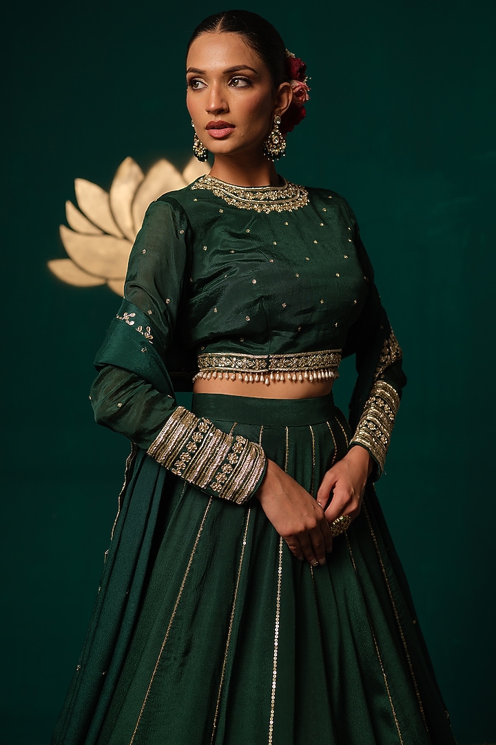 Green Chinon Zardosi & Sequin Embroidered Wedding Lehenga Set by Niloufer by Aasif Ally at Pernia's Pop Up Shop