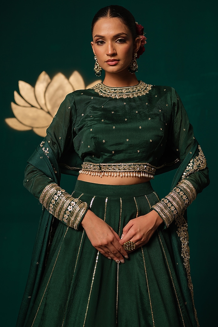 Green Chinon Zardosi & Sequin Embroidered Wedding Lehenga Set by Niloufer by Aasif Ally at Pernia's Pop Up Shop