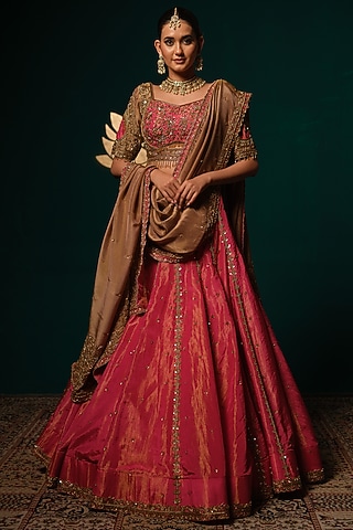 Pink Shimmer Tissue Handwork Lehenga Set by Niloufer by Aasif Ally