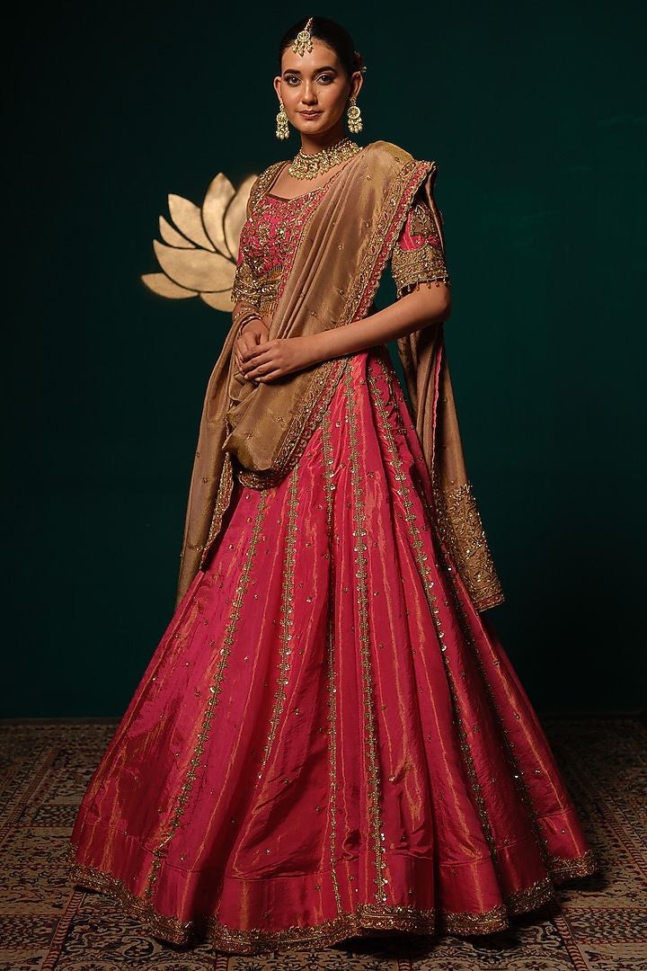 Pink Shimmer Tissue Handwork Wedding Lehenga Set by Niloufer by Aasif Ally at Pernia's Pop Up Shop