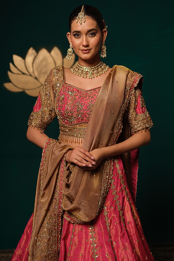Pink Shimmer Tissue Handwork Wedding Lehenga Set by Niloufer by Aasif Ally at Pernia's Pop Up Shop