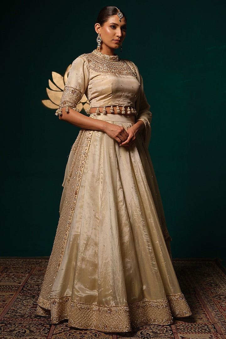 Ivory Shimmer Tissue Zari Embroidered Wedding Lehenga Set by Niloufer by Aasif Ally at Pernia's Pop Up Shop
