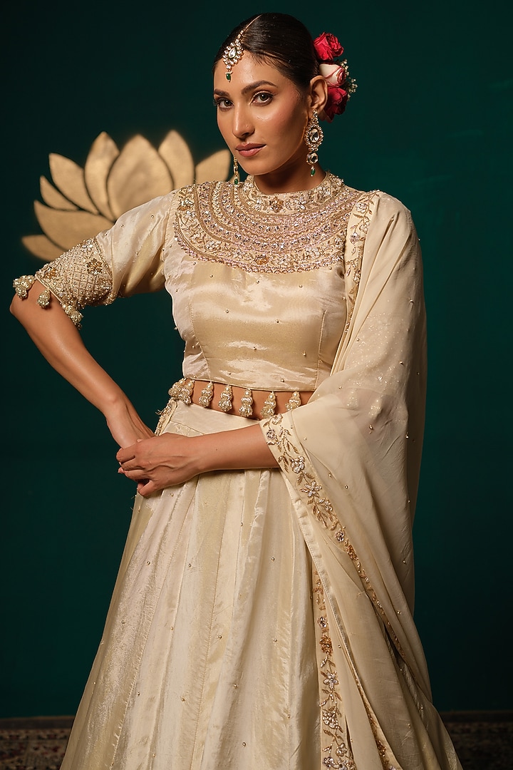 Ivory Shimmer Tissue Zari Embroidered Wedding Lehenga Set by Niloufer by Aasif Ally at Pernia's Pop Up Shop