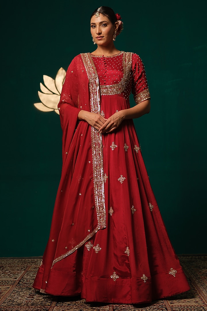 Red Chinon Sequins Work Wedding Anarkali Set by Niloufer by Aasif Ally at Pernia's Pop Up Shop