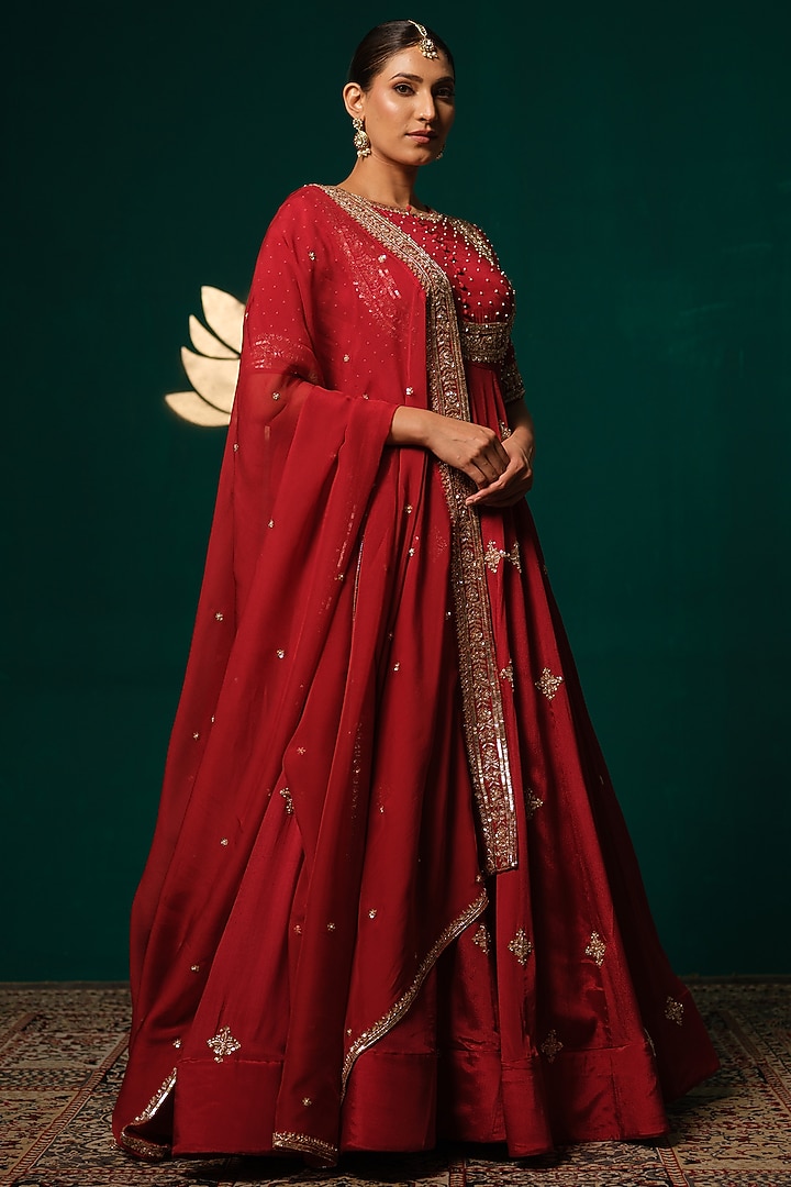Red Chinon Sequins Work Wedding Anarkali Set by Niloufer by Aasif Ally at Pernia's Pop Up Shop