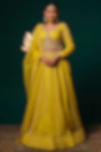 Yellow Chinon Sequins Work Wedding Lehenga Set by Niloufer by Aasif Ally at Pernia's Pop Up Shop