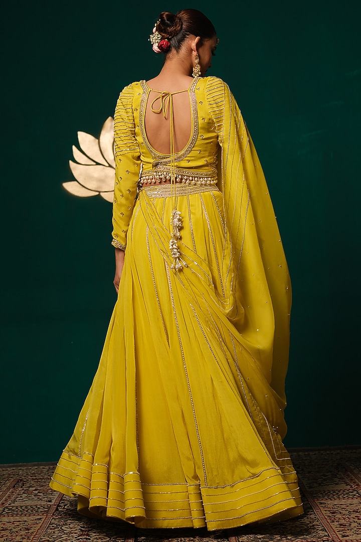 Yellow Chinon Sequins Work Wedding Lehenga Set by Niloufer by Aasif Ally at Pernia's Pop Up Shop